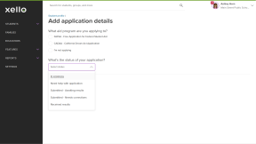 The Add application details page. The status dropdown is open with options like In progress, Need help with application.